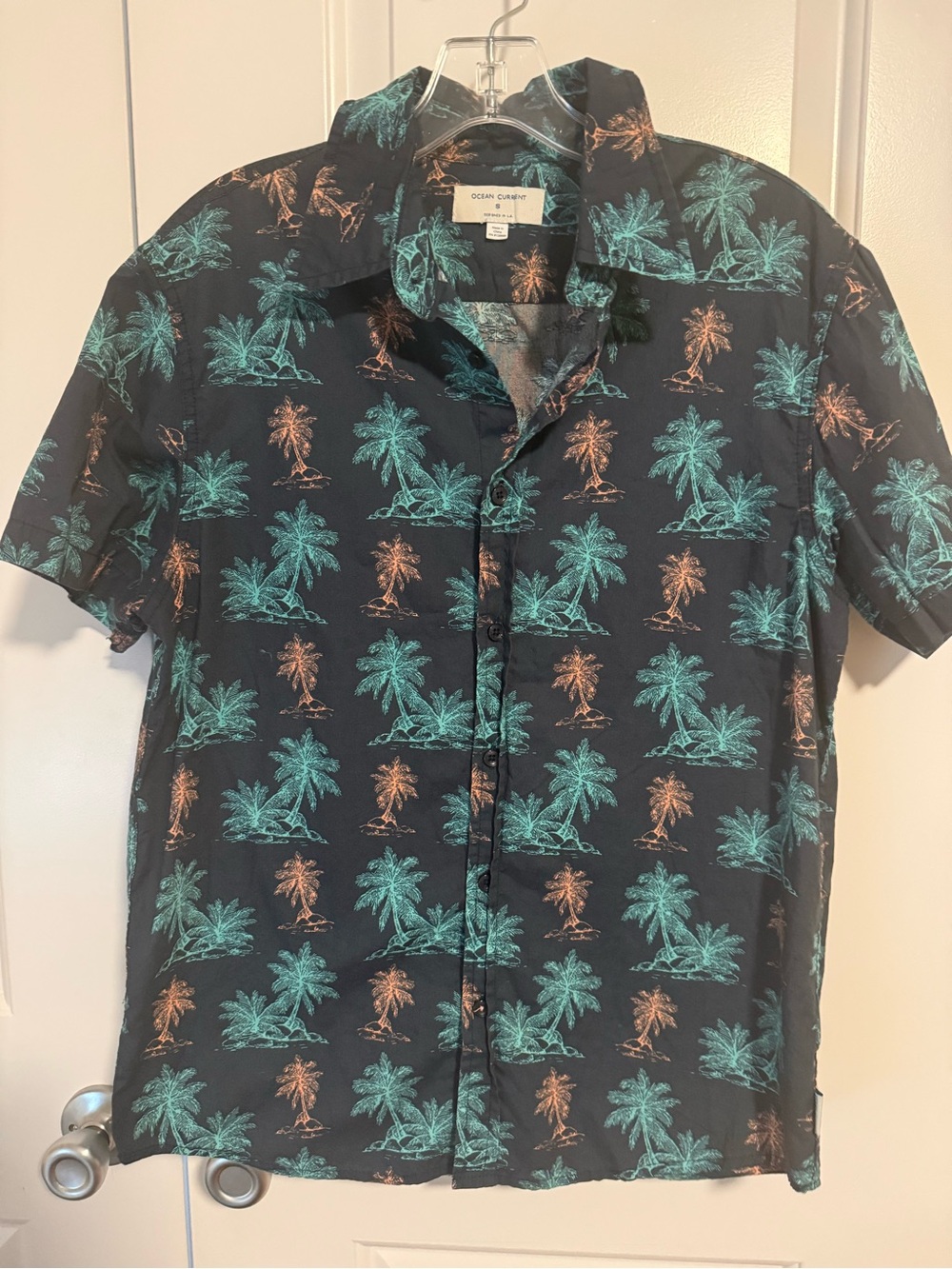 Ocean Current Men's Black Short-Sleeve Palm Shirt with Teal & Orange Print